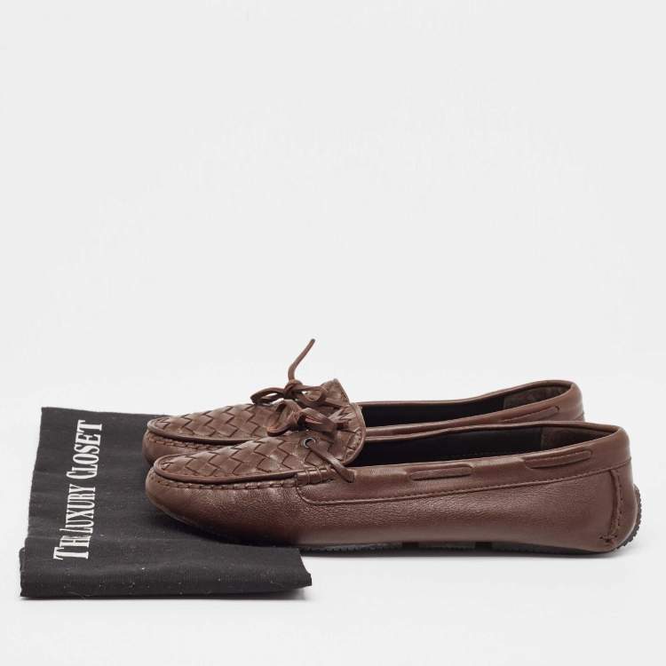 Pre Owned Bottega Veneta Brown  Intrecciato Leather Bow Loafers Size 40.5