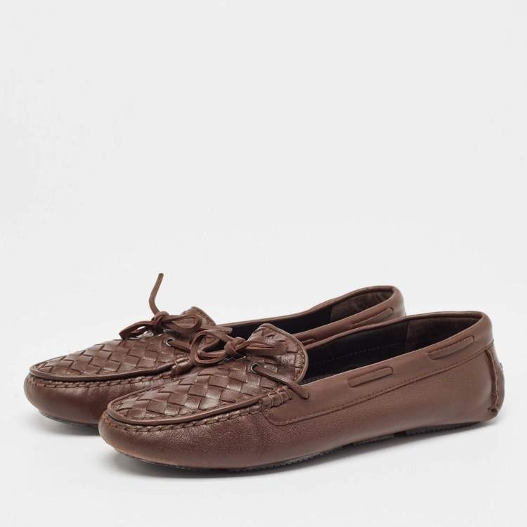 Pre Owned Bottega Veneta Brown  Intrecciato Leather Bow Loafers Size 40.5