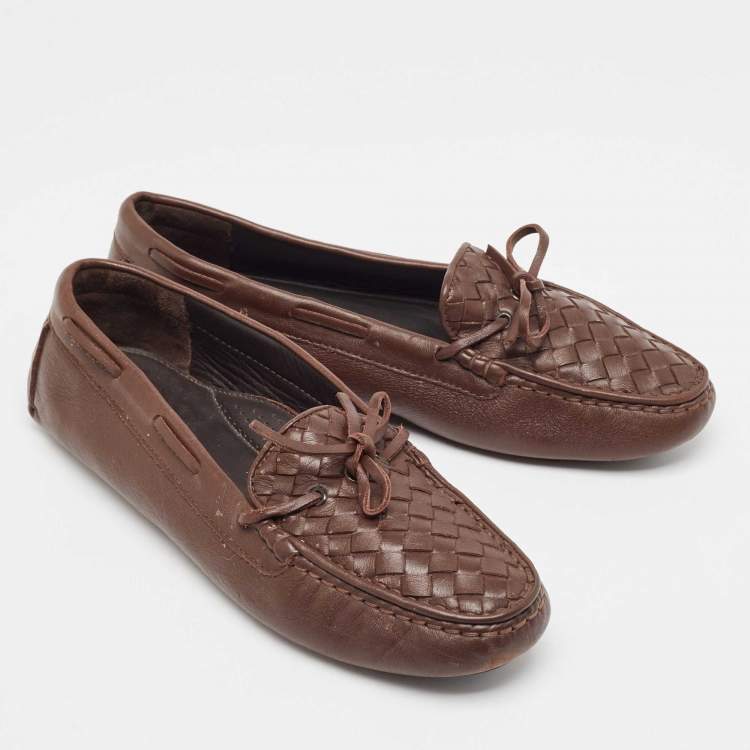 Pre Owned Bottega Veneta Brown  Intrecciato Leather Bow Loafers Size 40.5