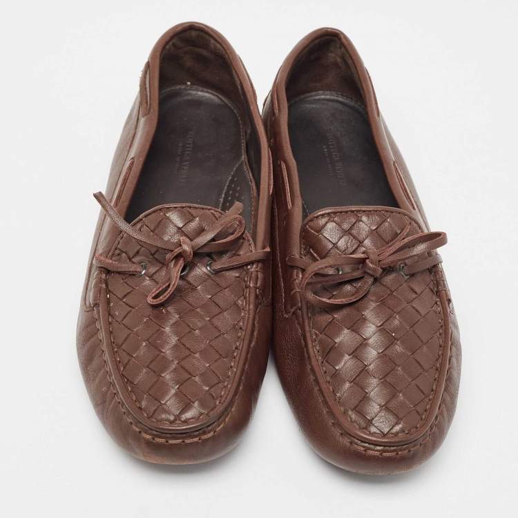 Pre Owned Bottega Veneta Brown  Intrecciato Leather Bow Loafers Size 40.5