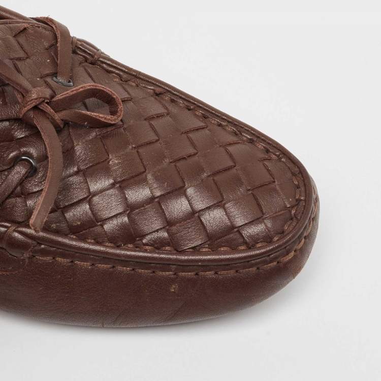 Pre Owned Bottega Veneta Brown  Intrecciato Leather Bow Loafers Size 40.5