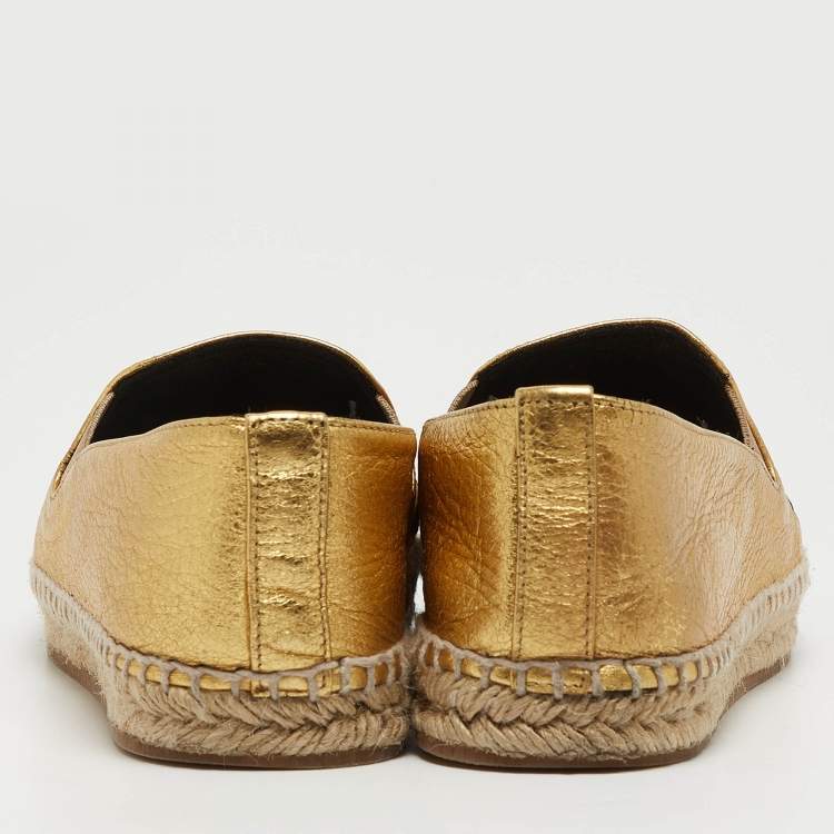 Pre Owned Bottega Veneta Gold Intrecciato Leather Espadrille Flats Size 36
