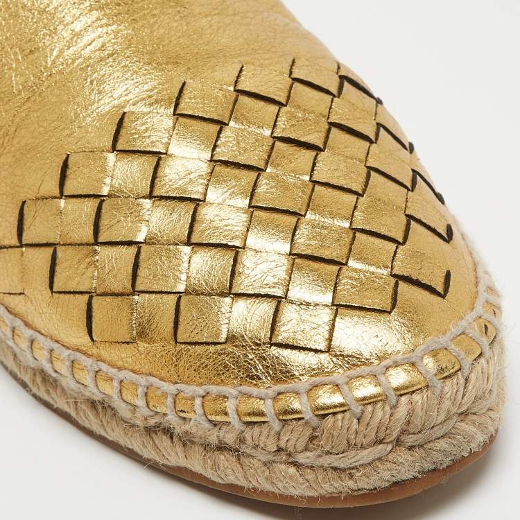Pre Owned Bottega Veneta Gold Intrecciato Leather Espadrille Flats Size 36