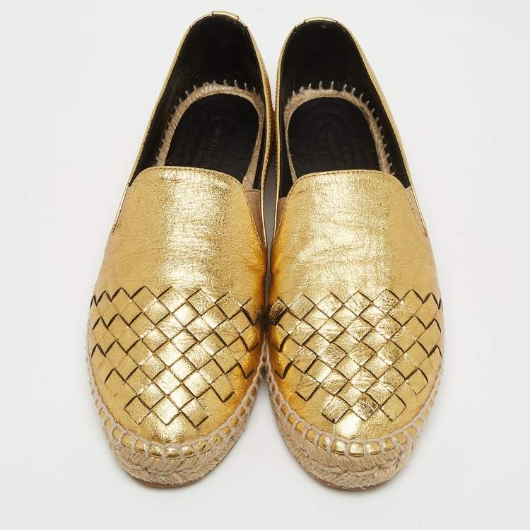Pre Owned Bottega Veneta Gold Intrecciato Leather Espadrille Flats Size 36