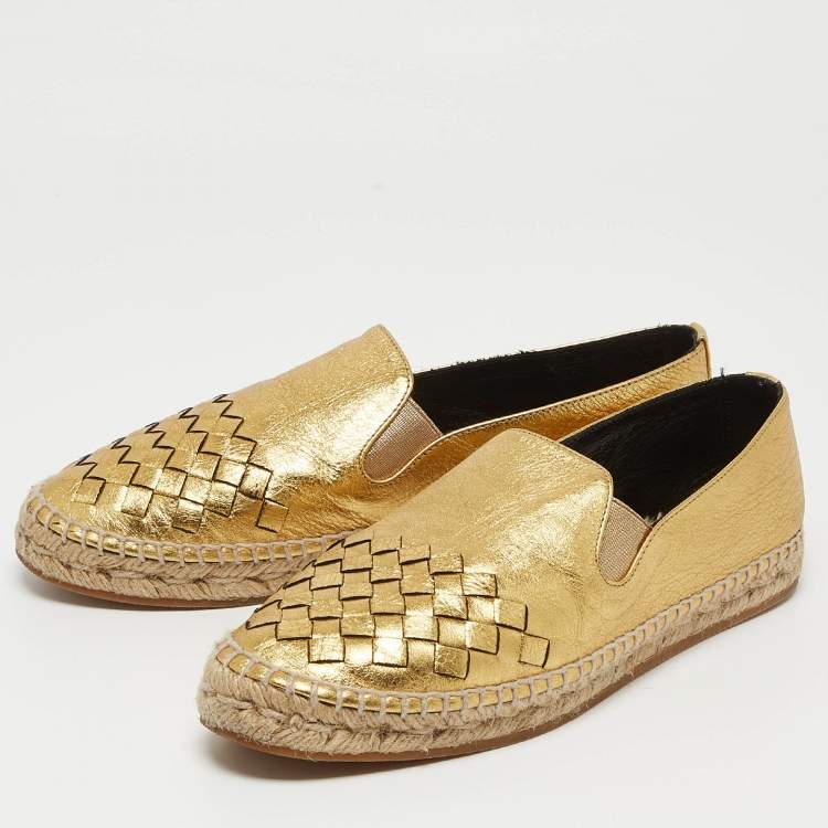 Pre Owned Bottega Veneta Gold Intrecciato Leather Espadrille Flats Size 36