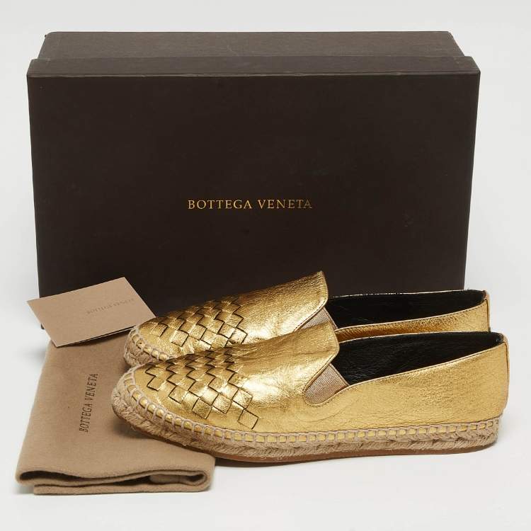 Pre Owned Bottega Veneta Gold Intrecciato Leather Espadrille Flats Size 36