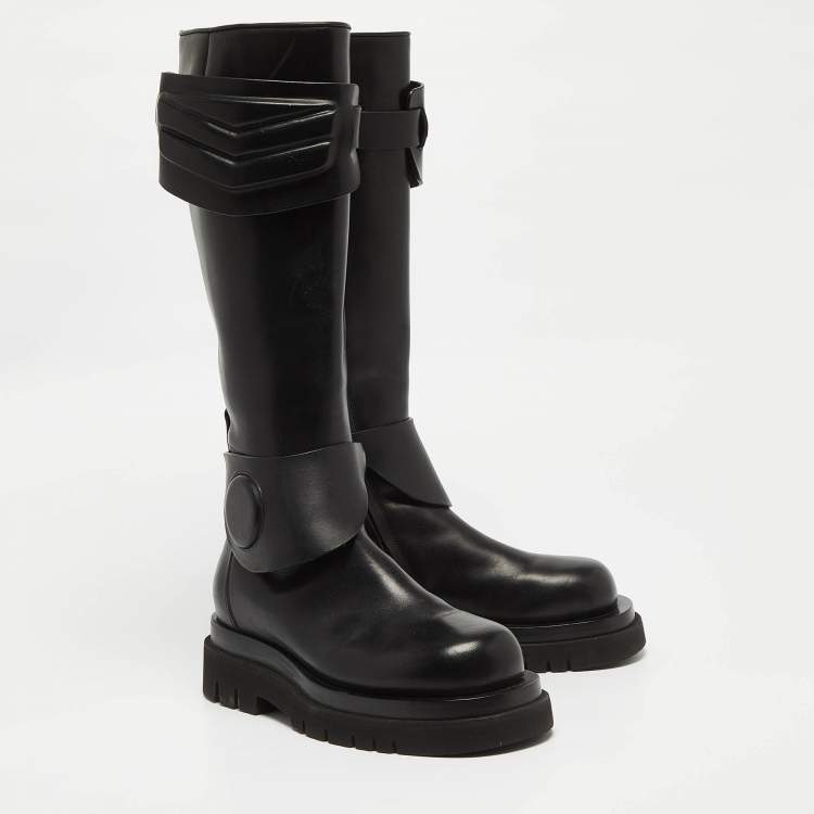 Pre Owned Bottega Veneta Black Leather Platform Knee Length Boots Size 37 
