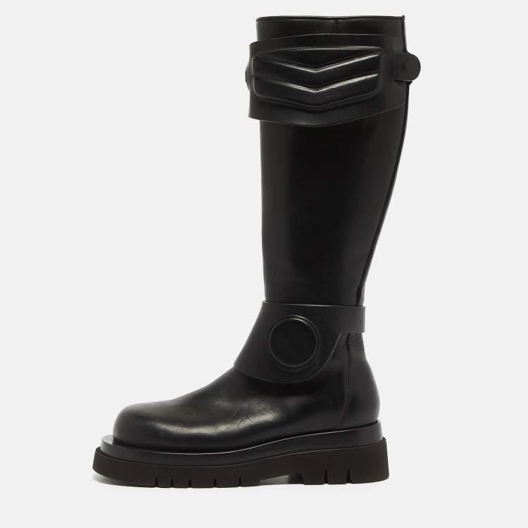 Pre Owned Bottega Veneta Black Leather Platform Knee Length Boots Size 37 