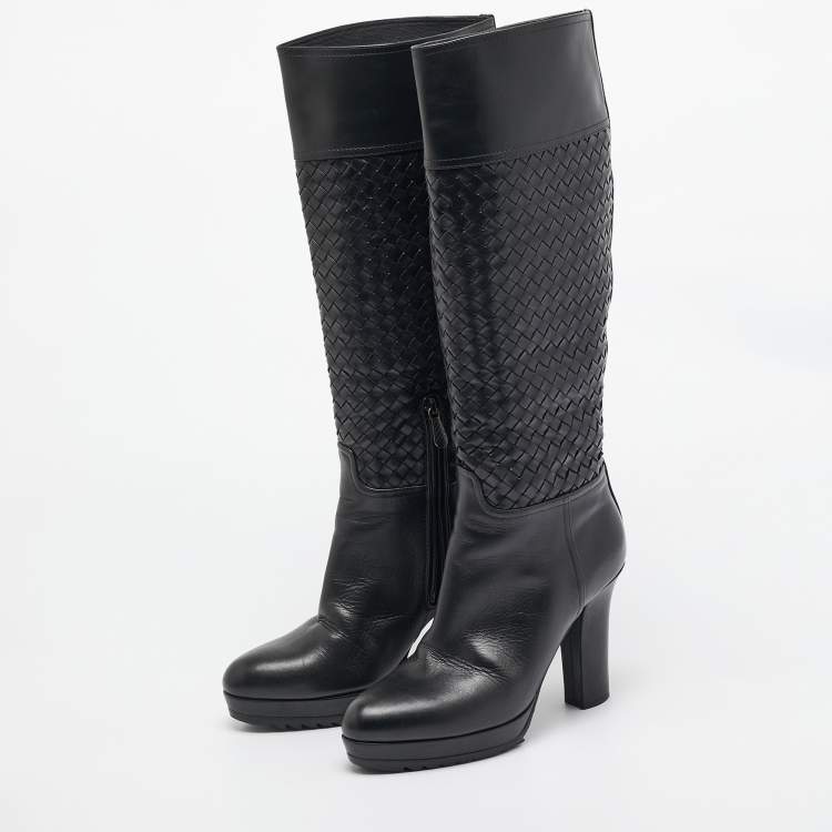 Pre Owned Bottega Veneta Black Woven Leather Knee Length Boots Size 39.5