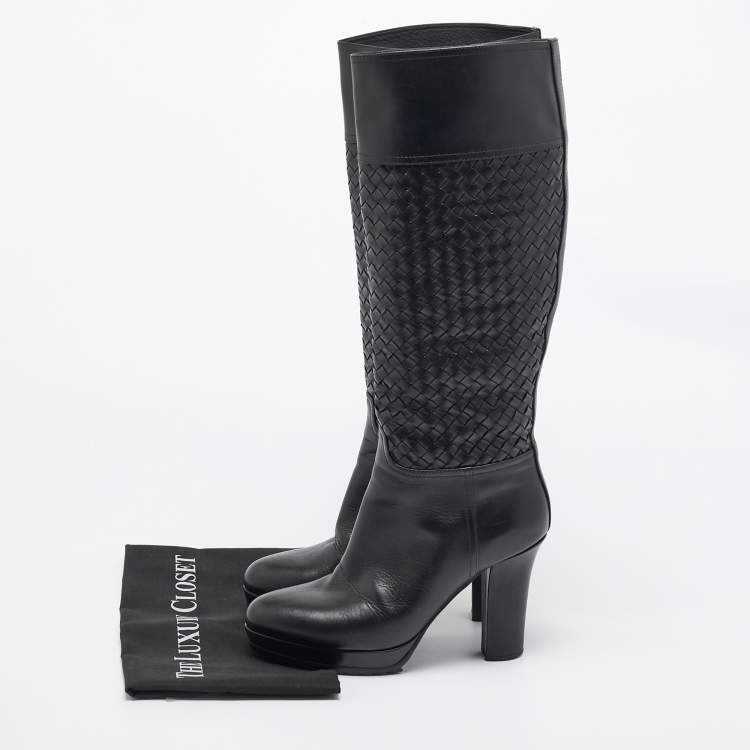 Pre Owned Bottega Veneta Black Woven Leather Knee Length Boots Size 39.5