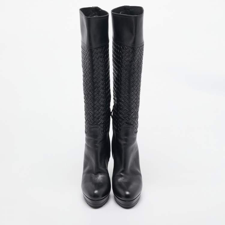 Pre Owned Bottega Veneta Black Woven Leather Knee Length Boots Size 39.5