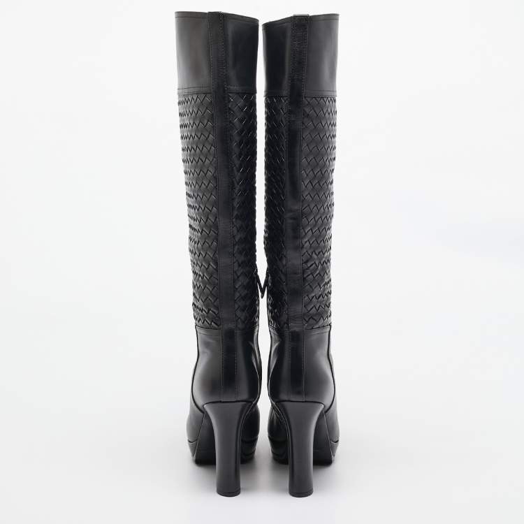 Pre Owned Bottega Veneta Black Woven Leather Knee Length Boots Size 39.5