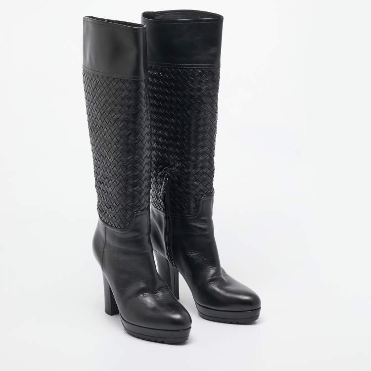Pre Owned Bottega Veneta Black Woven Leather Knee Length Boots Size 39.5