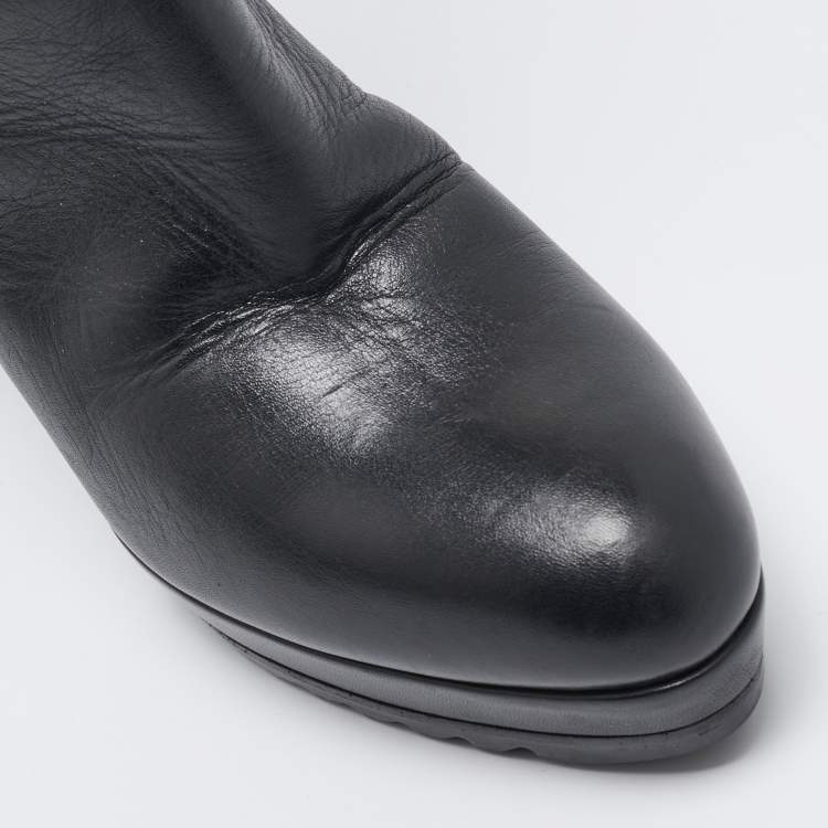 Pre Owned Bottega Veneta Black Woven Leather Knee Length Boots Size 39.5