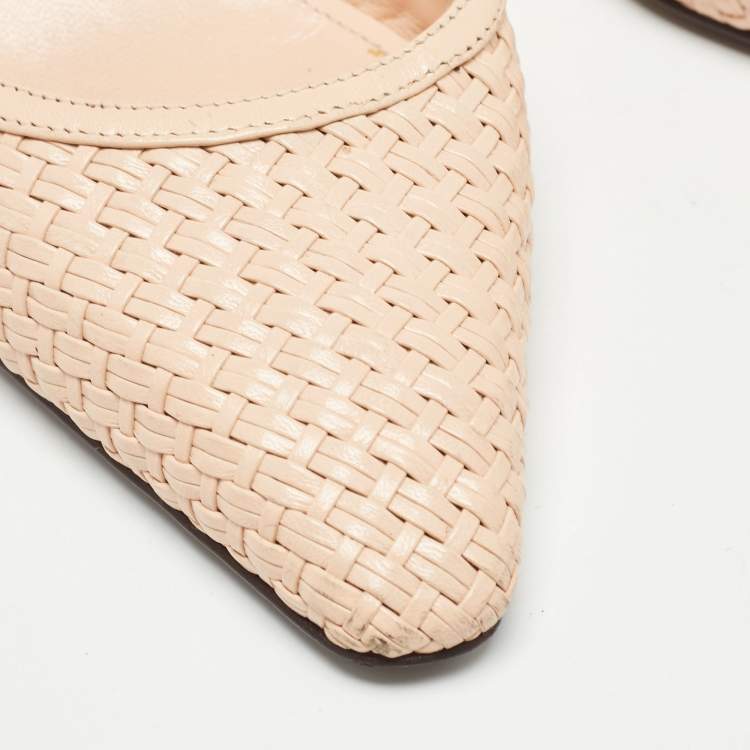 Pre Owned Bottega Veneta Beige Woven Leather Wicker Slingback Pumps Size 38