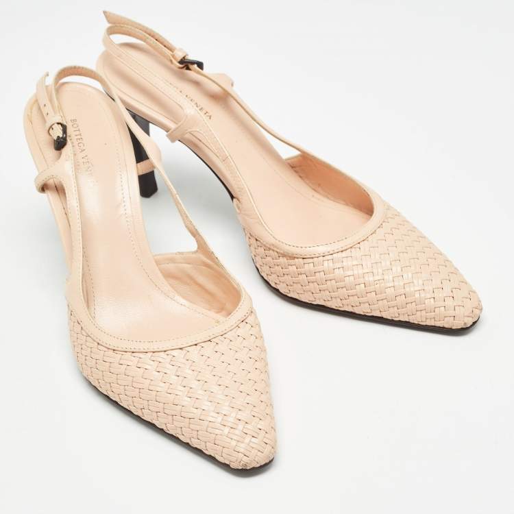 Pre Owned Bottega Veneta Beige Woven Leather Wicker Slingback Pumps Size 38