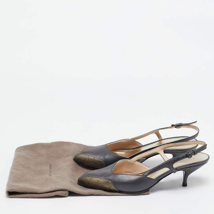 Pre Owned Bottega Veneta Grey Leather Slingback Pumps Size 37.5