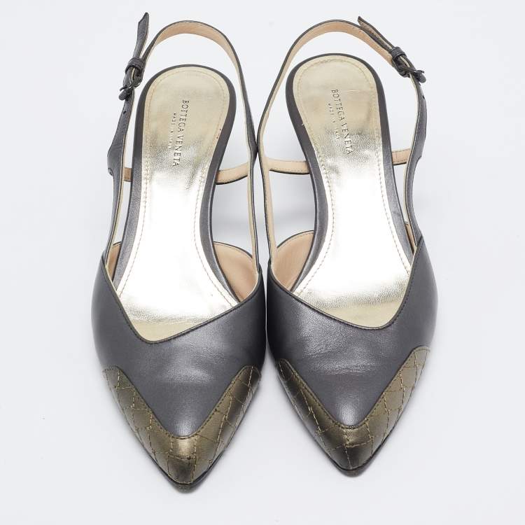 Pre Owned Bottega Veneta Grey Leather Slingback Pumps Size 37.5
