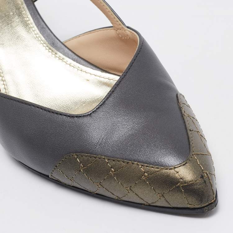 Pre Owned Bottega Veneta Grey Leather Slingback Pumps Size 37.5