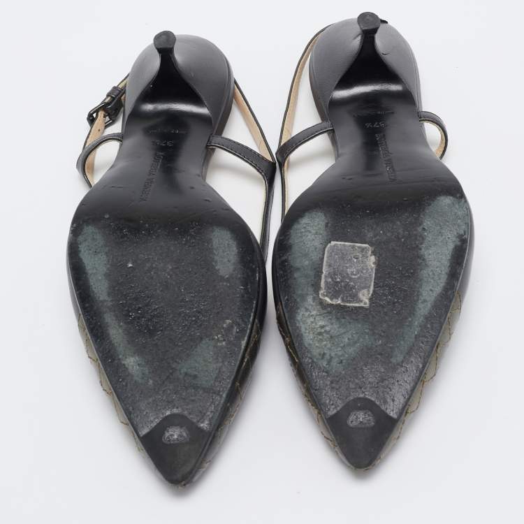 Pre Owned Bottega Veneta Grey Leather Slingback Pumps Size 37.5