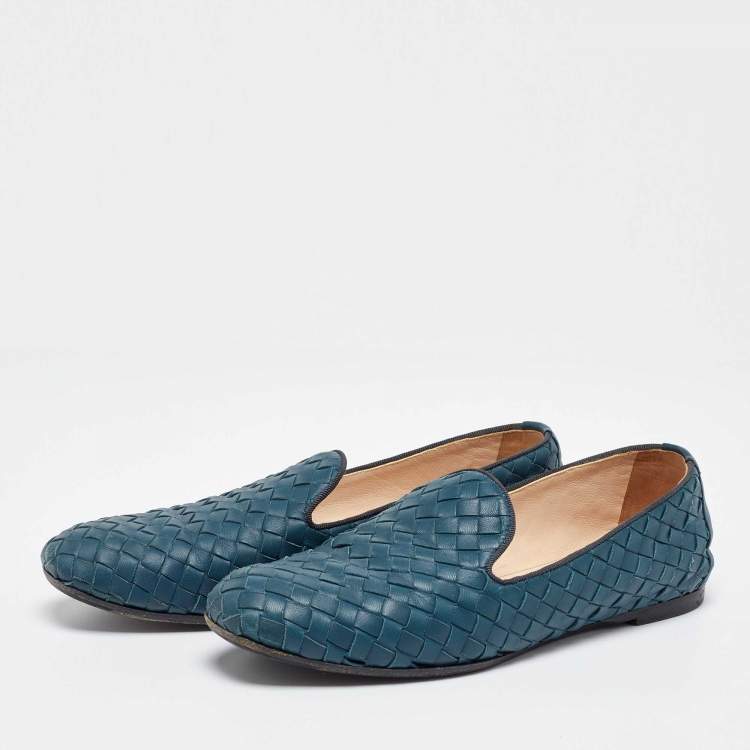 Pre Owned Bottega Veneta Turquoise Blue Intrecciato Leather Smoking Slippers Size 36