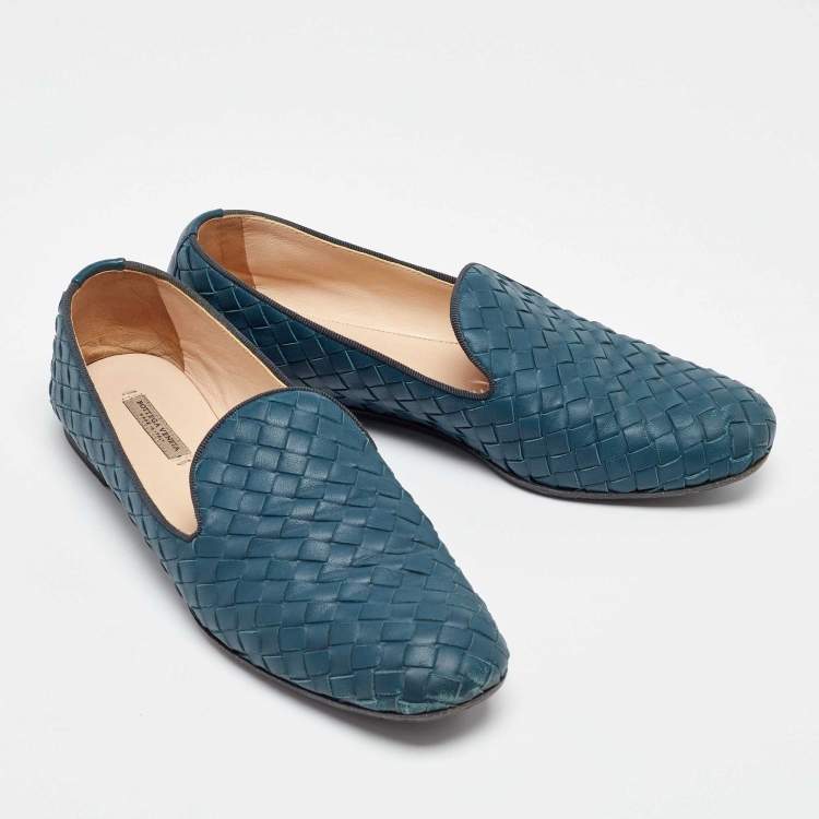Pre Owned Bottega Veneta Turquoise Blue Intrecciato Leather Smoking Slippers Size 36