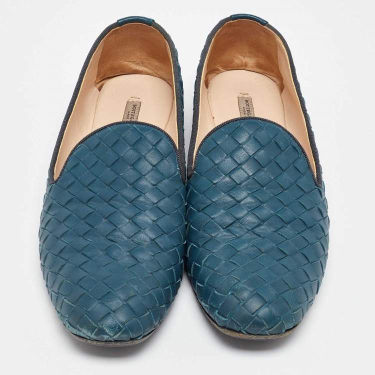 Pre Owned Bottega Veneta Turquoise Blue Intrecciato Leather Smoking Slippers Size 36