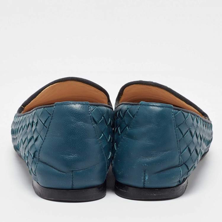 Pre Owned Bottega Veneta Turquoise Blue Intrecciato Leather Smoking Slippers Size 36
