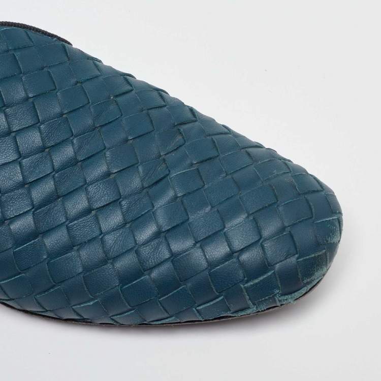 Pre Owned Bottega Veneta Turquoise Blue Intrecciato Leather Smoking Slippers Size 36