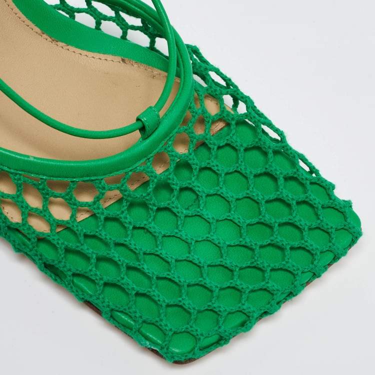 Pre Owned Bottega Veneta Green Crochet and Leather Ankle Tie Pumps Size 38