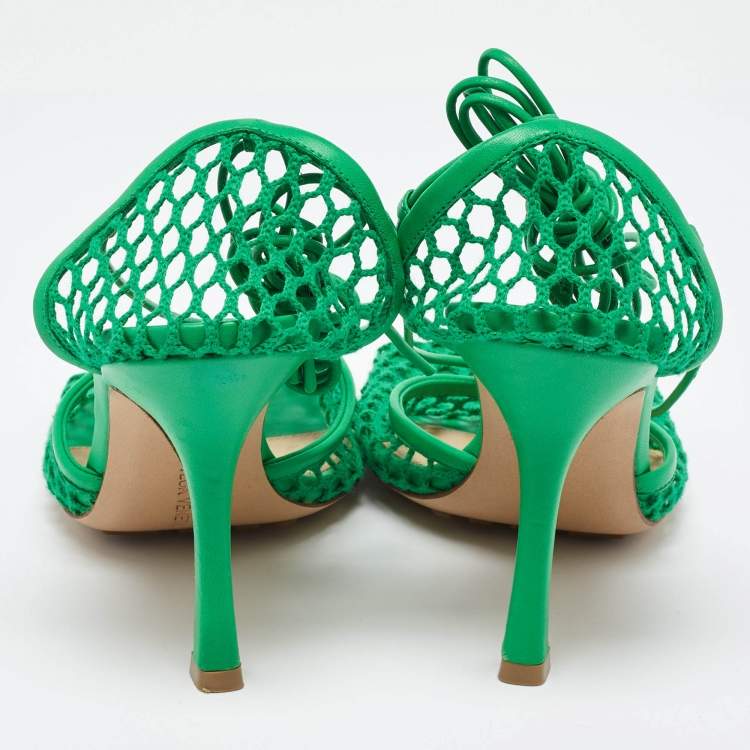 Pre Owned Bottega Veneta Green Crochet and Leather Ankle Tie Pumps Size 38