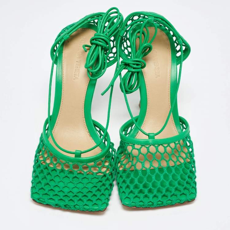Pre Owned Bottega Veneta Green Crochet and Leather Ankle Tie Pumps Size 38