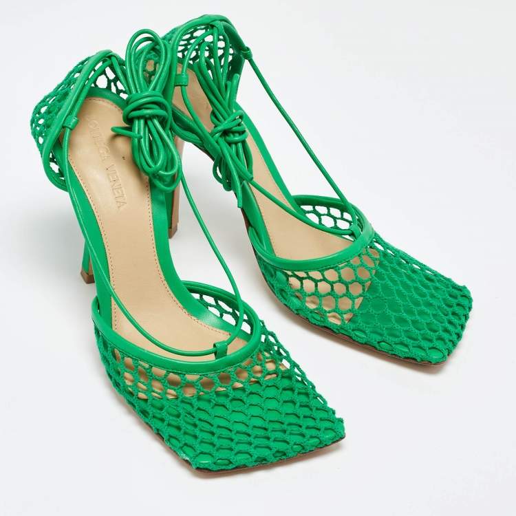 Pre Owned Bottega Veneta Green Crochet and Leather Ankle Tie Pumps Size 38