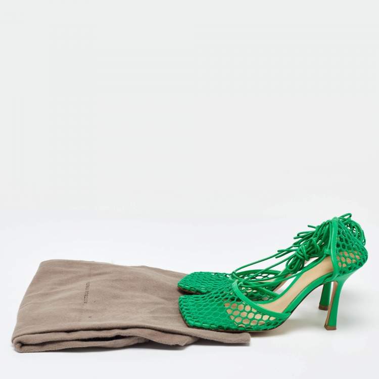 Pre Owned Bottega Veneta Green Crochet and Leather Ankle Tie Pumps Size 38