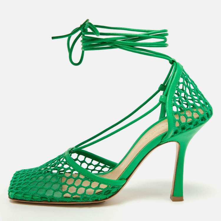 Pre Owned Bottega Veneta Green Crochet and Leather Ankle Tie Pumps Size 38