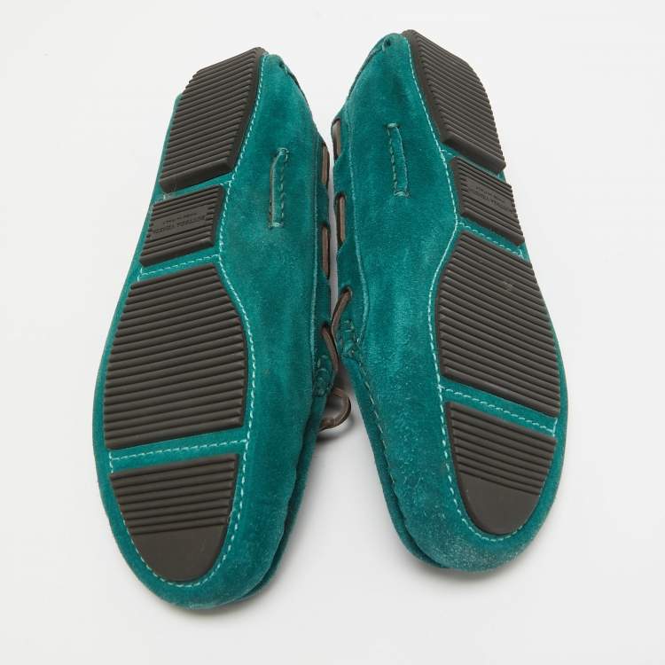 Pre Owned Bottega Veneta Green Intrecciato Suede Bow Loafers Size 37.5