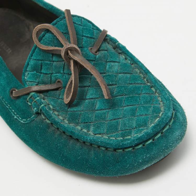 Pre Owned Bottega Veneta Green Intrecciato Suede Bow Loafers Size 37.5