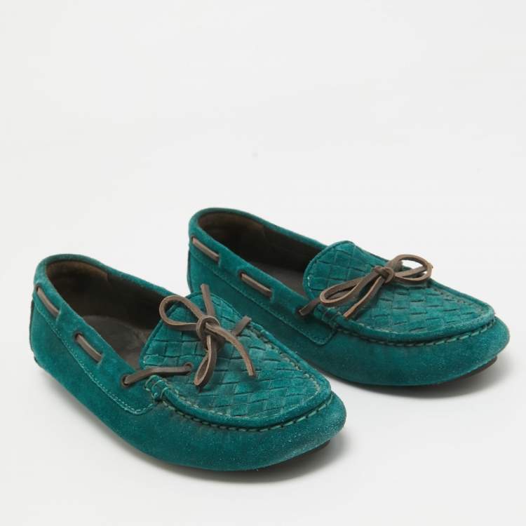 Pre Owned Bottega Veneta Green Intrecciato Suede Bow Loafers Size 37.5