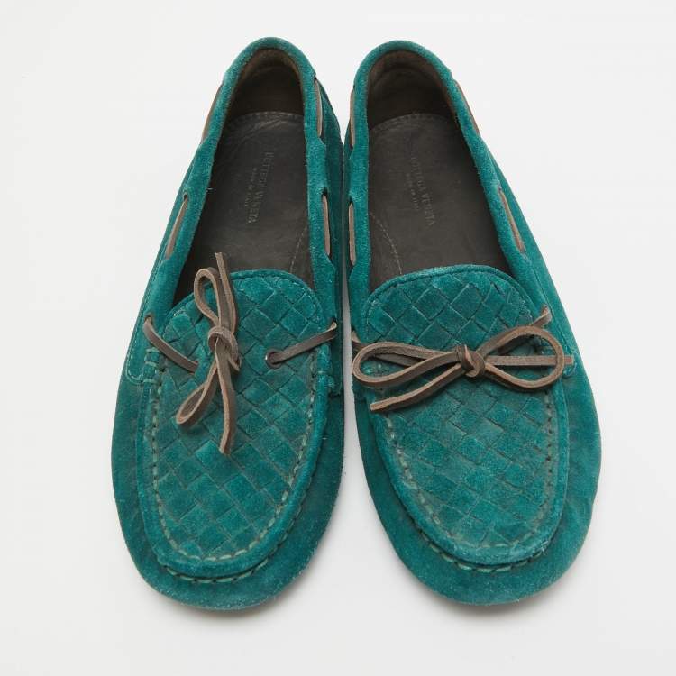 Pre Owned Bottega Veneta Green Intrecciato Suede Bow Loafers Size 37.5