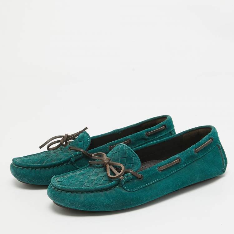 Pre Owned Bottega Veneta Green Intrecciato Suede Bow Loafers Size 37.5