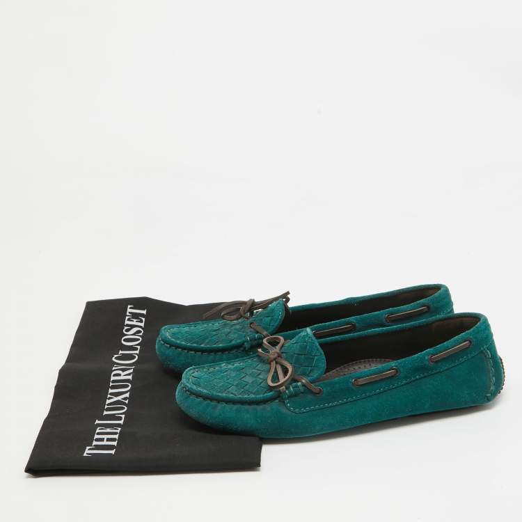 Pre Owned Bottega Veneta Green Intrecciato Suede Bow Loafers Size 37.5