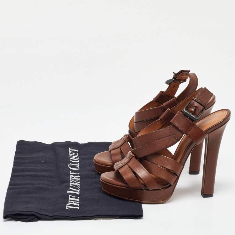 Pre Owned Bottega Veneta Brown Leather Criss Cross Strappy Platform Sandals Size 36