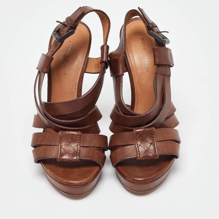 Pre Owned Bottega Veneta Brown Leather Criss Cross Strappy Platform Sandals Size 36