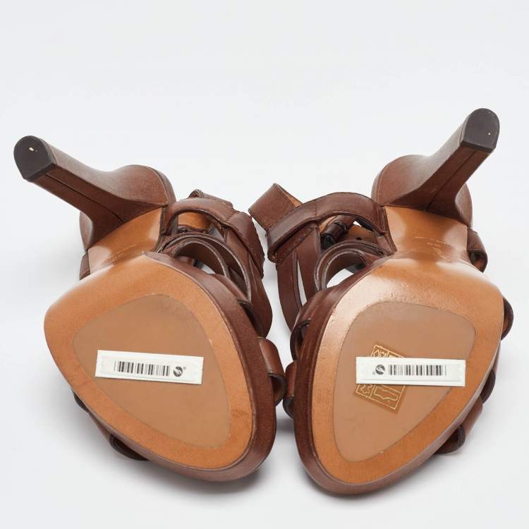 Pre Owned Bottega Veneta Brown Leather Criss Cross Strappy Platform Sandals Size 36