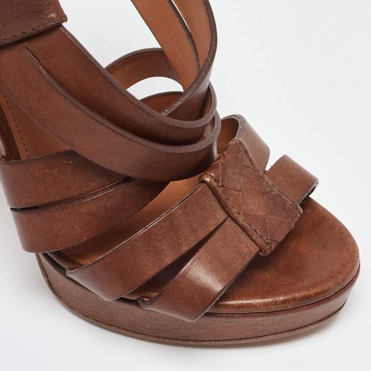 Pre Owned Bottega Veneta Brown Leather Criss Cross Strappy Platform Sandals Size 36