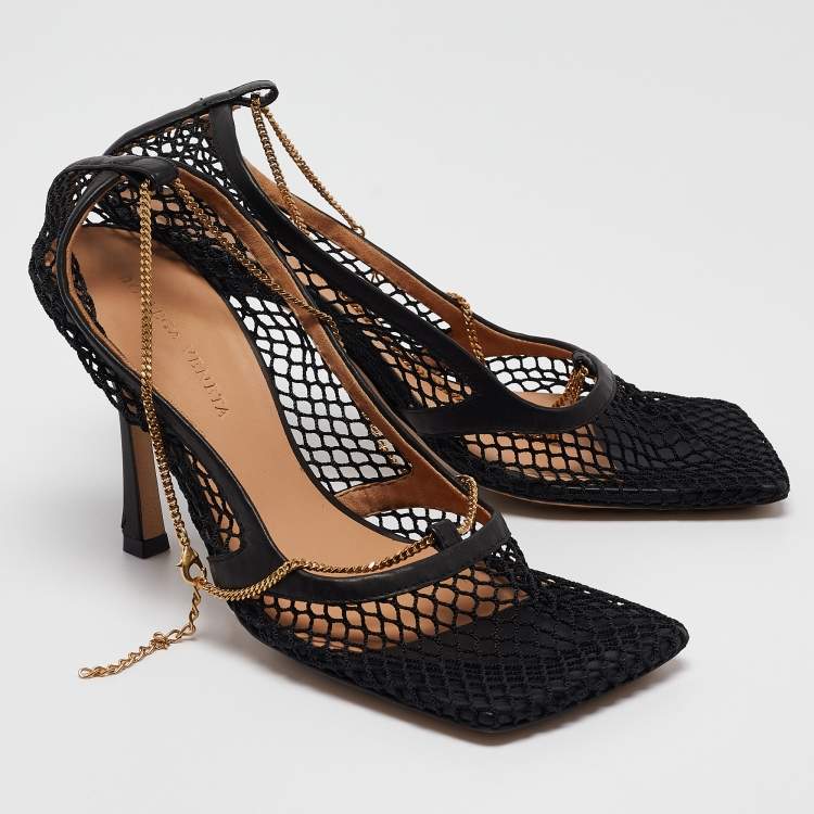 Pre Owned Bottega Veneta Black Mesh Chain Detail Stretch Pumps Size 38