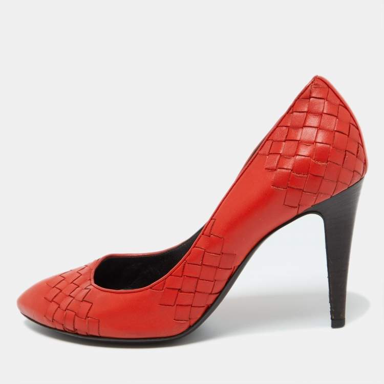 Pre Owned Bottega Veneta Orange Intrecciato Leather Pumps Size 38.5