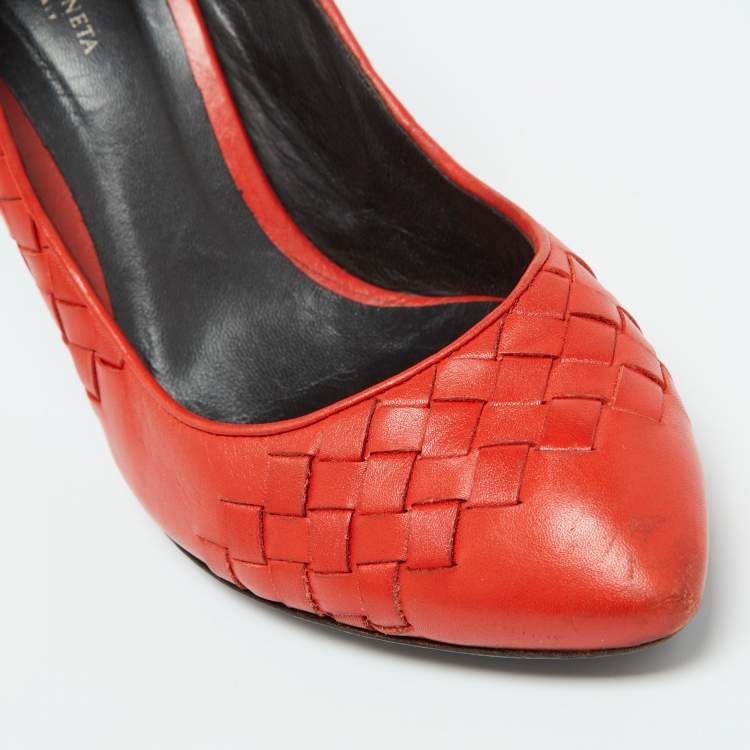 Pre Owned Bottega Veneta Orange Intrecciato Leather Pumps Size 38.5