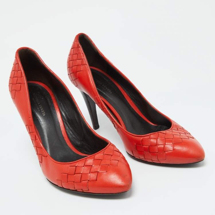 Pre Owned Bottega Veneta Orange Intrecciato Leather Pumps Size 38.5
