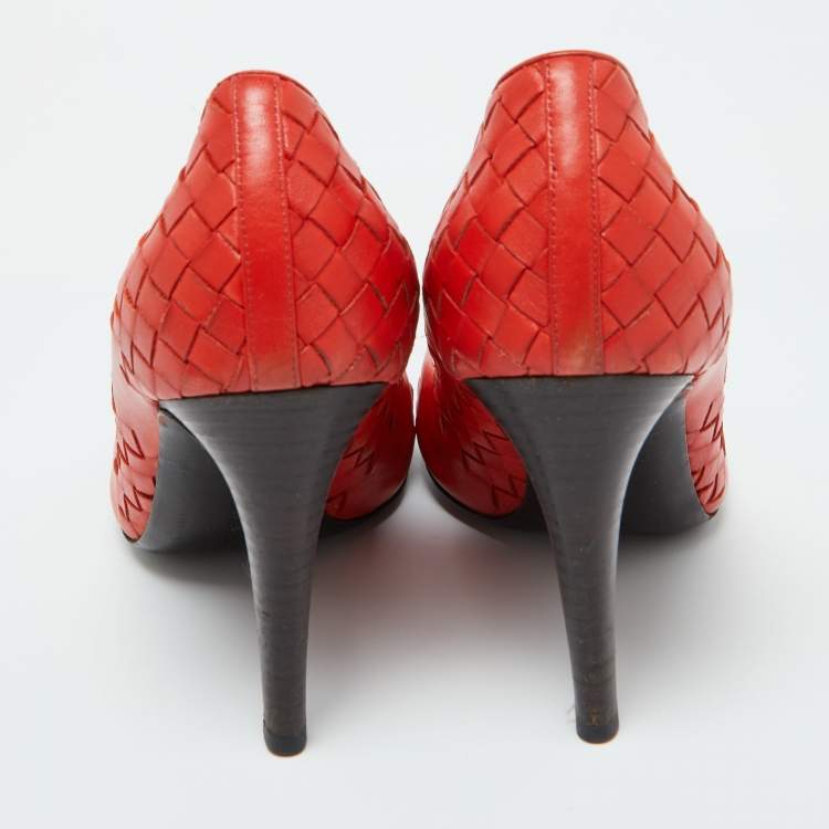 Pre Owned Bottega Veneta Orange Intrecciato Leather Pumps Size 38.5